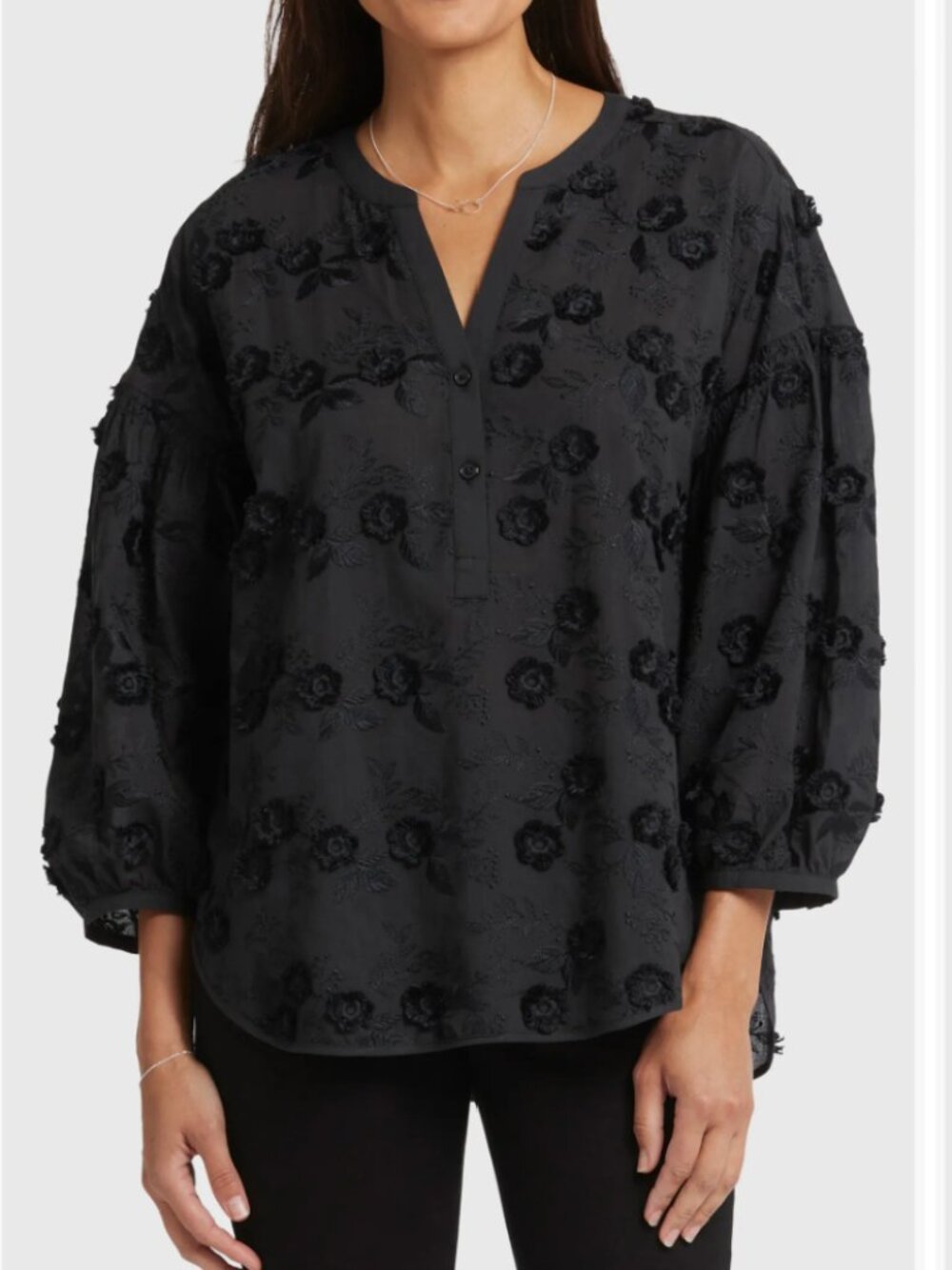 NYDJ Paulina Black Embroidered Peasant Blouse Floral Textured Boho NW